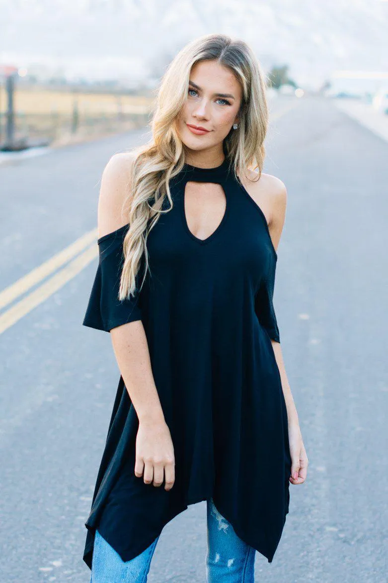 Flowy Open Shoulder Tunic | Black Clearance