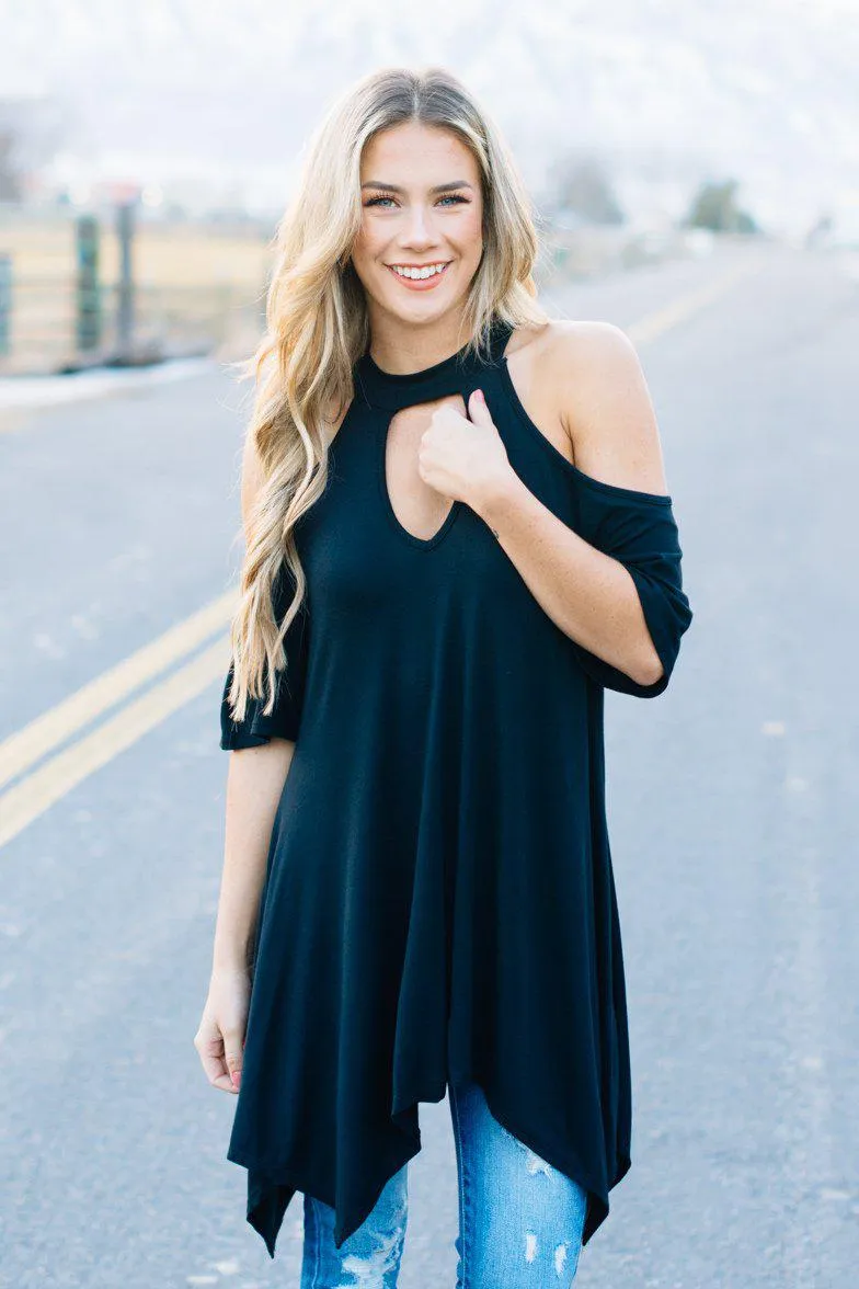 Flowy Open Shoulder Tunic | Black Clearance