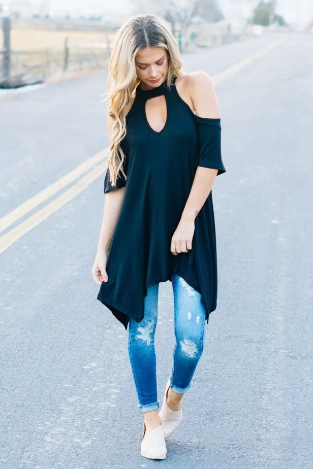 Flowy Open Shoulder Tunic | Black Clearance