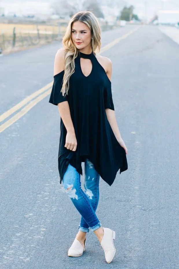 Flowy Open Shoulder Tunic | Black Clearance