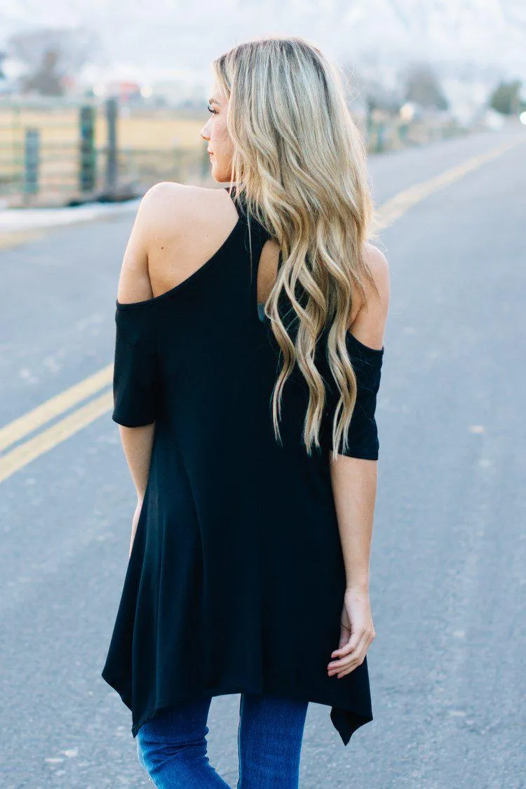 Flowy Open Shoulder Tunic | Black Clearance