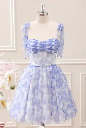 Flowy Print Blue A Line Pleated Mini Dress with Lace up Back