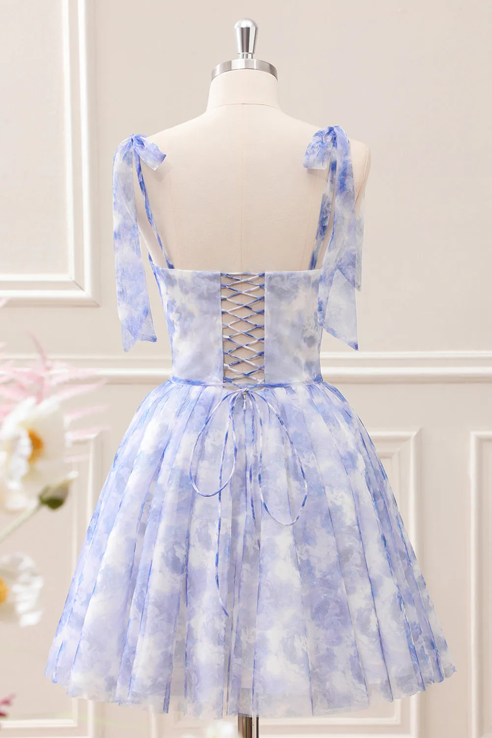 Flowy Print Blue A Line Pleated Mini Dress with Lace up Back