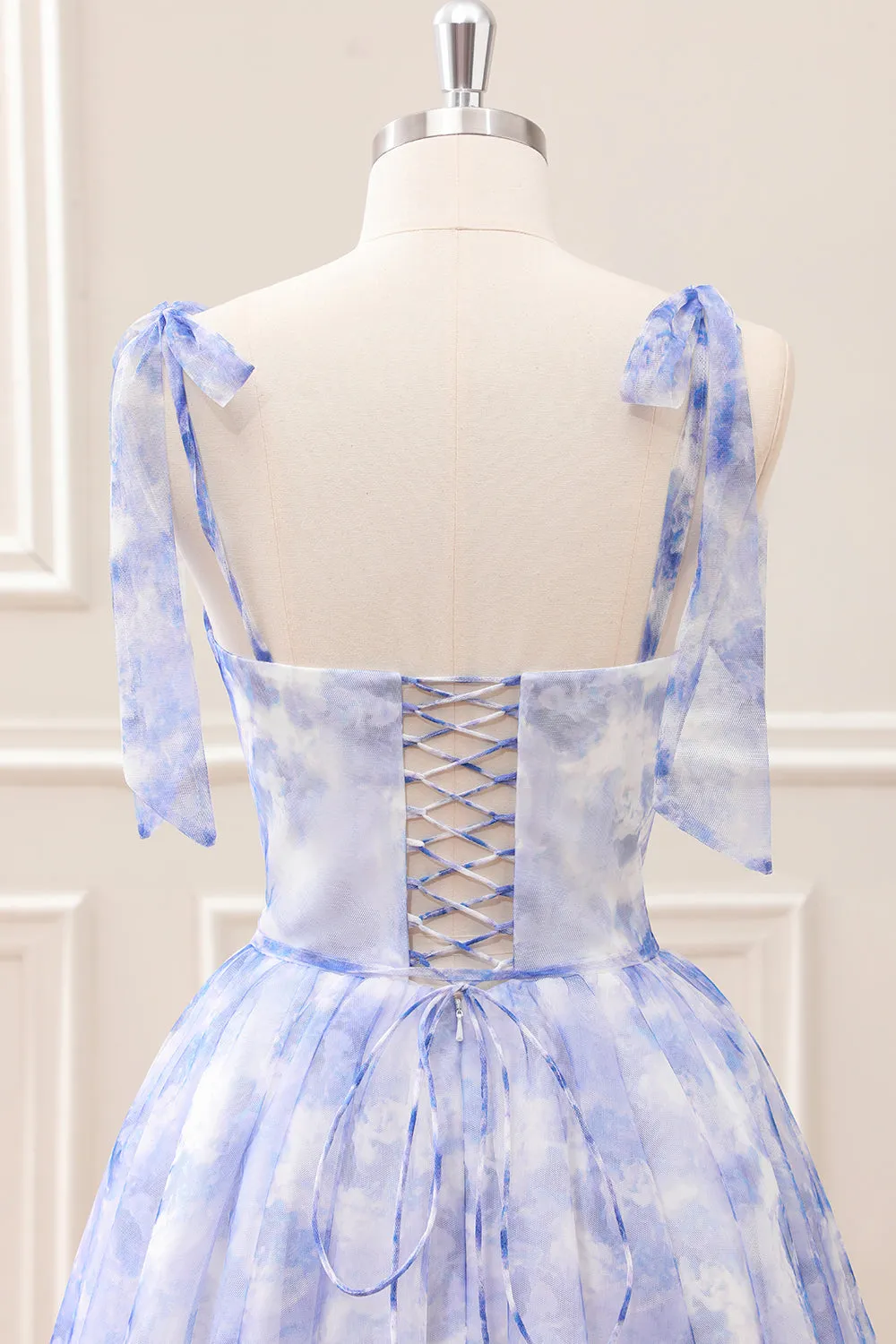 Flowy Print Blue A Line Pleated Mini Dress with Lace up Back