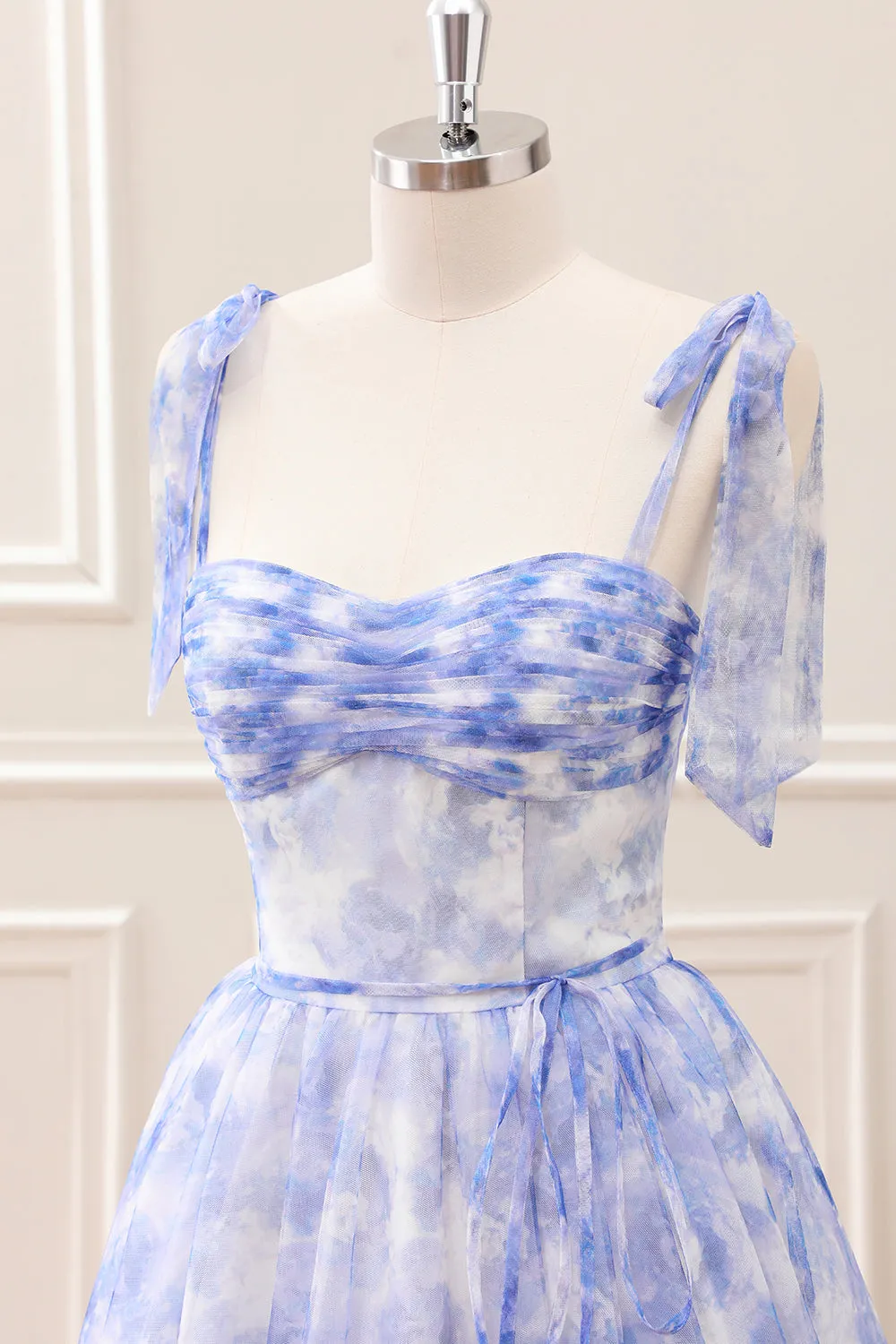 Flowy Print Blue A Line Pleated Mini Dress with Lace up Back