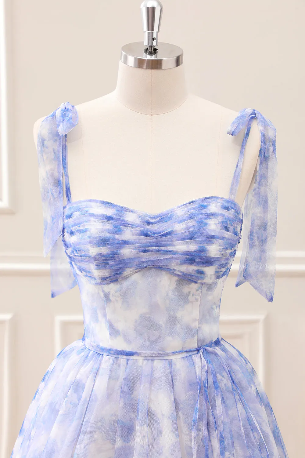 Flowy Print Blue A Line Pleated Mini Dress with Lace up Back