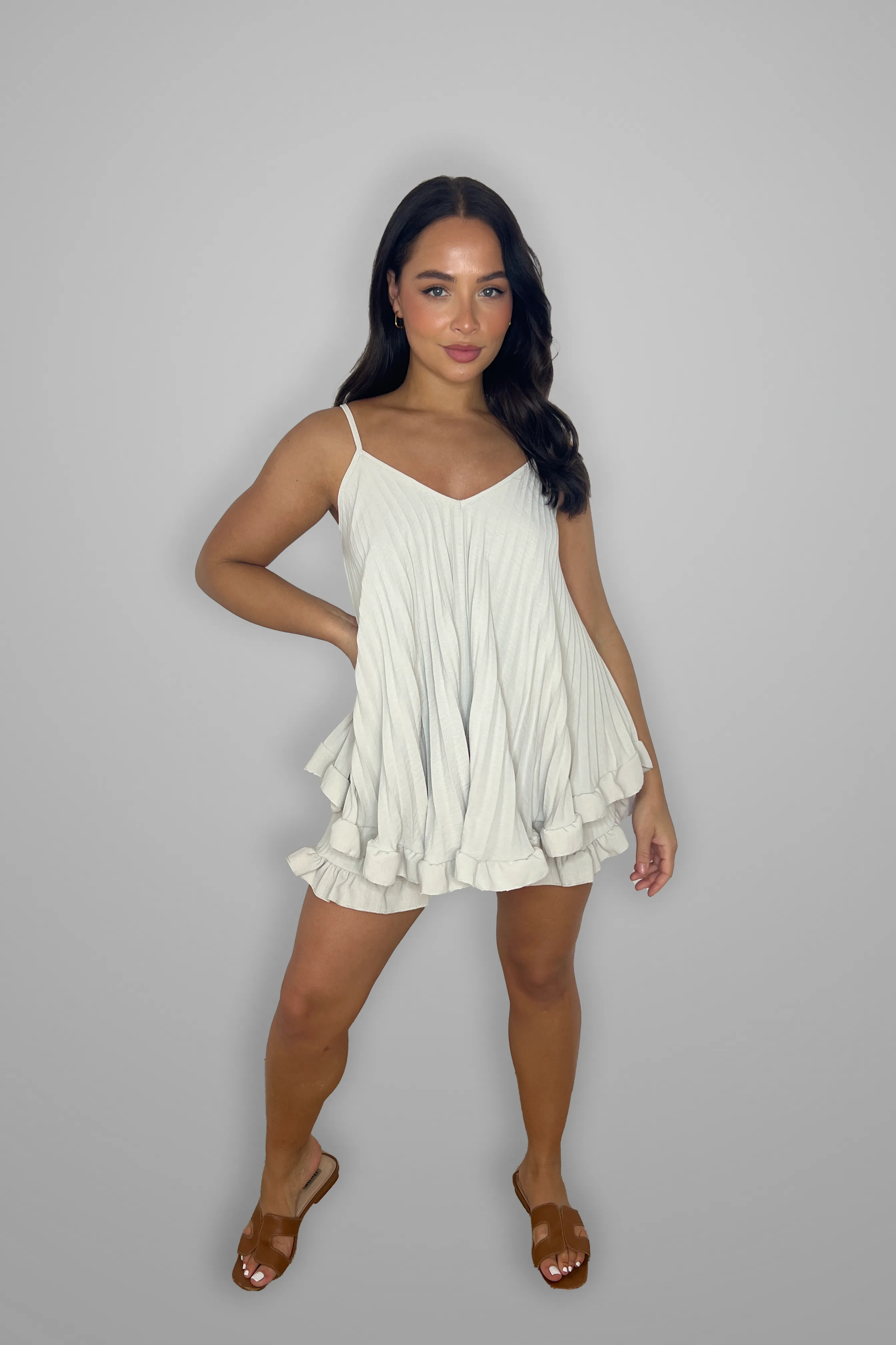 Frill Hem Plisse Chiffon Flowy Strappy Top And Shorts Set