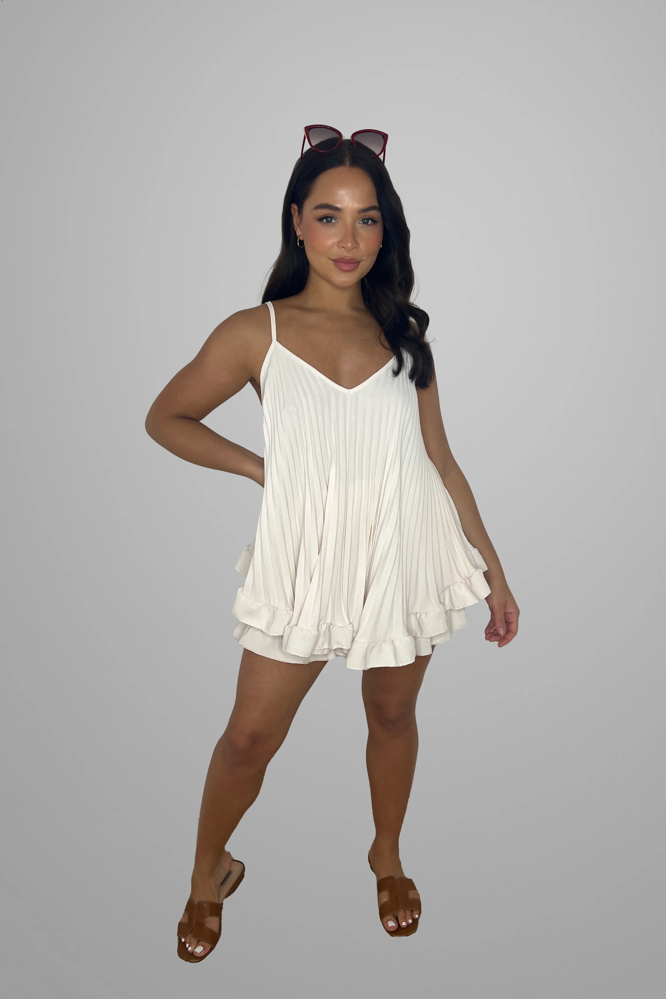 Frill Hem Plisse Chiffon Flowy Strappy Top And Shorts Set