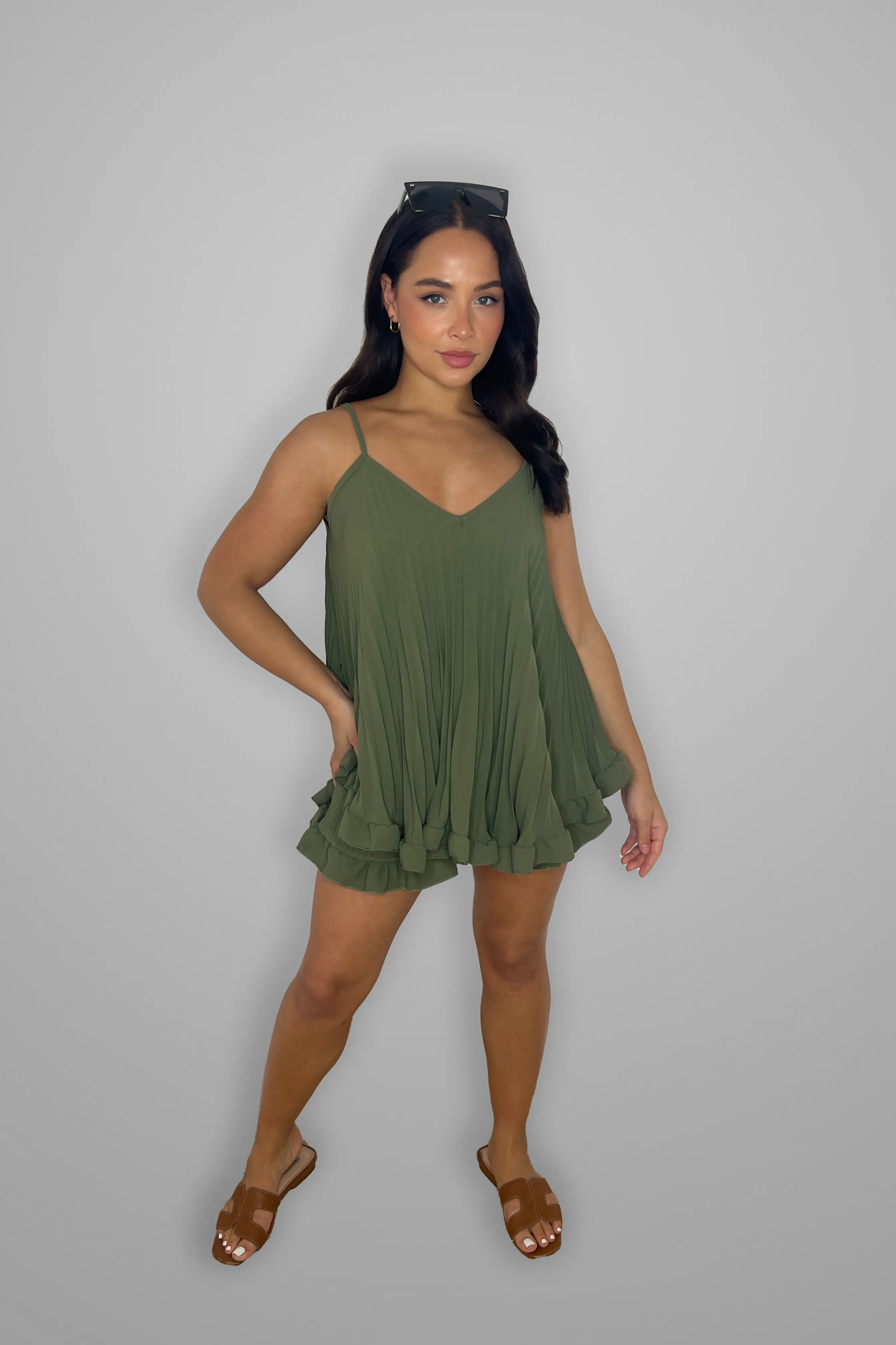 Frill Hem Plisse Chiffon Flowy Strappy Top And Shorts Set