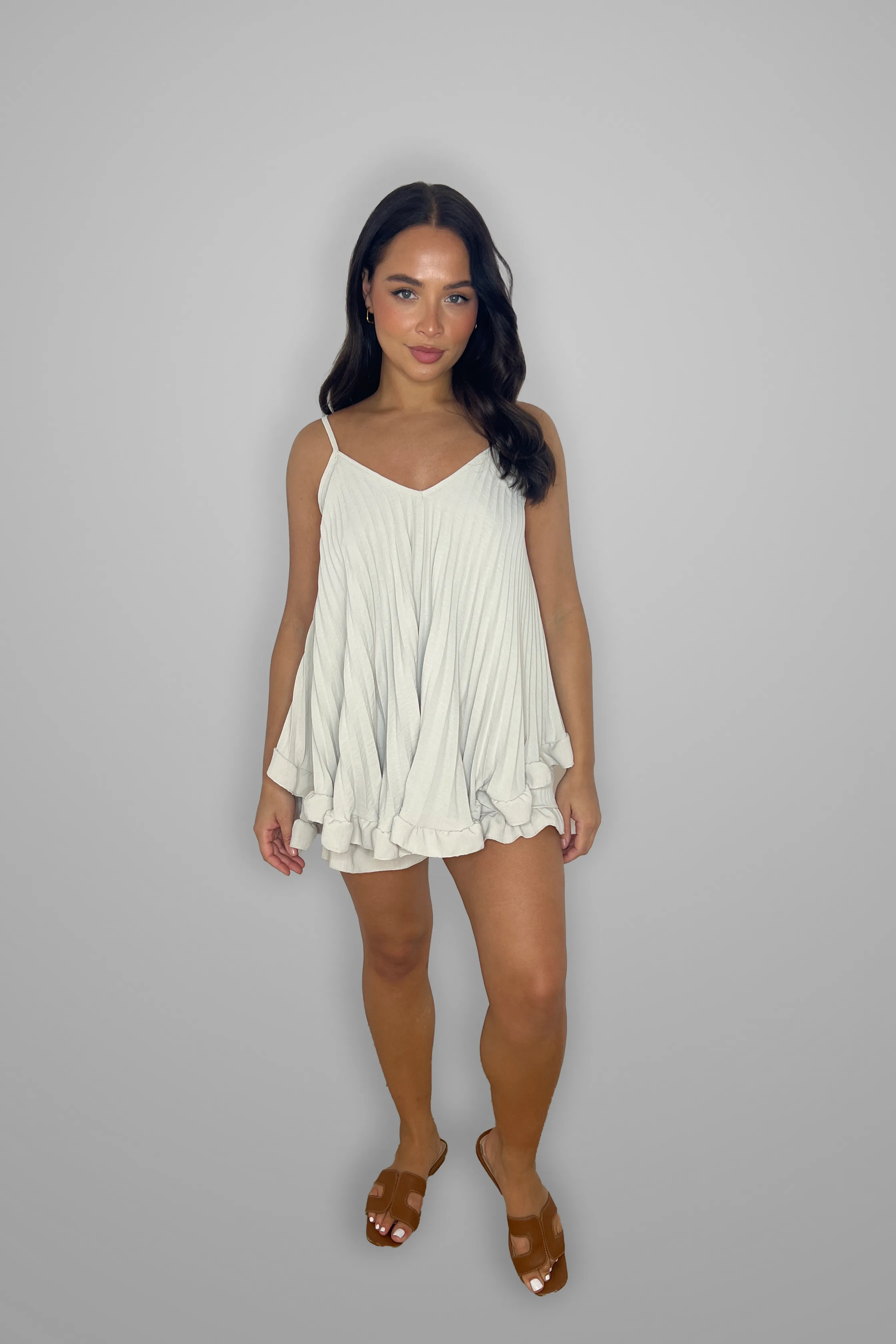 Frill Hem Plisse Chiffon Flowy Strappy Top And Shorts Set