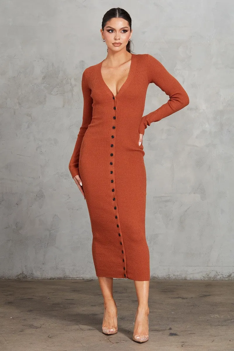 Front Button Bodycon Midi Dress