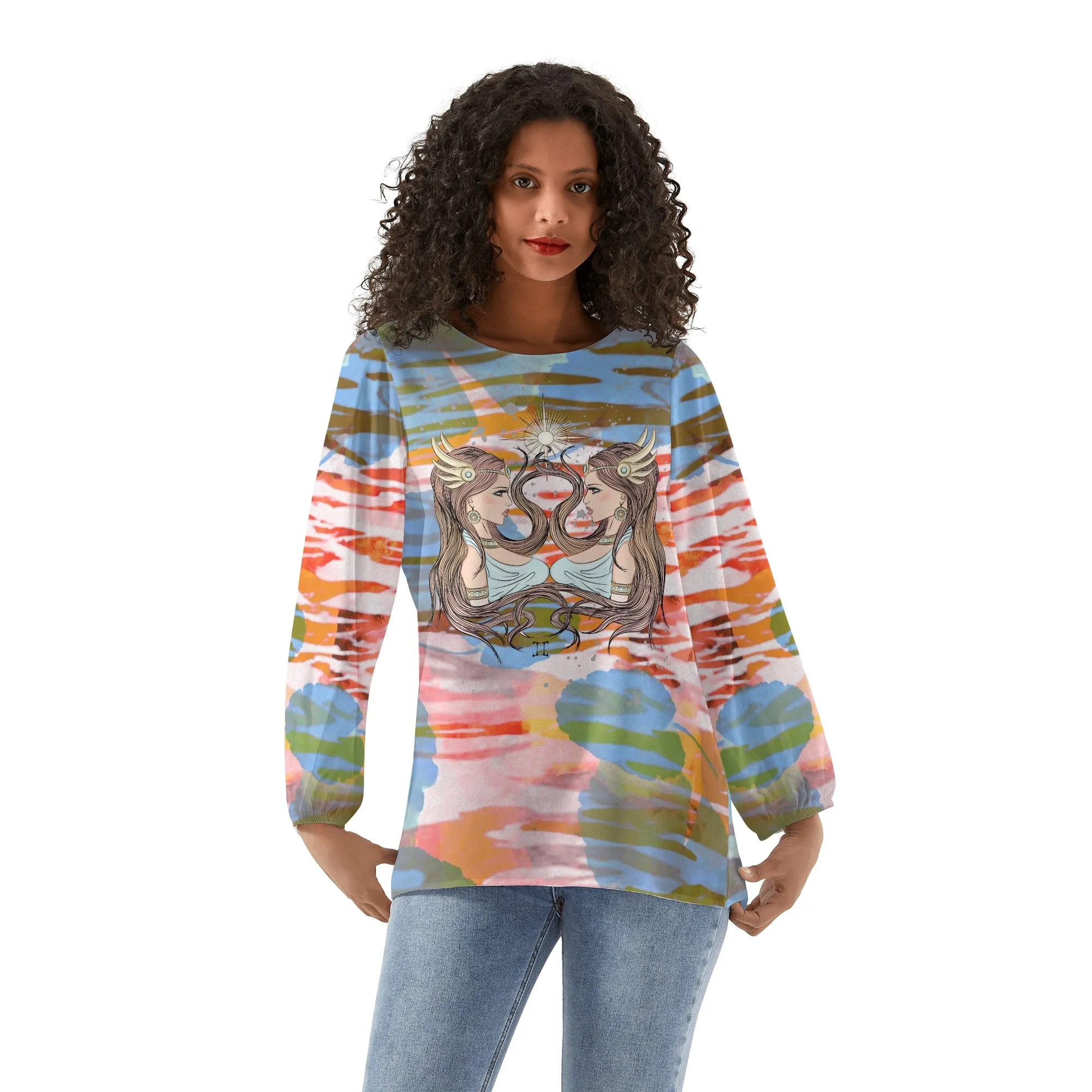 Gemini Woman Zodiac Sign Long Sleeve Chiffon Blouse Inspired by Astrology and Horoscope