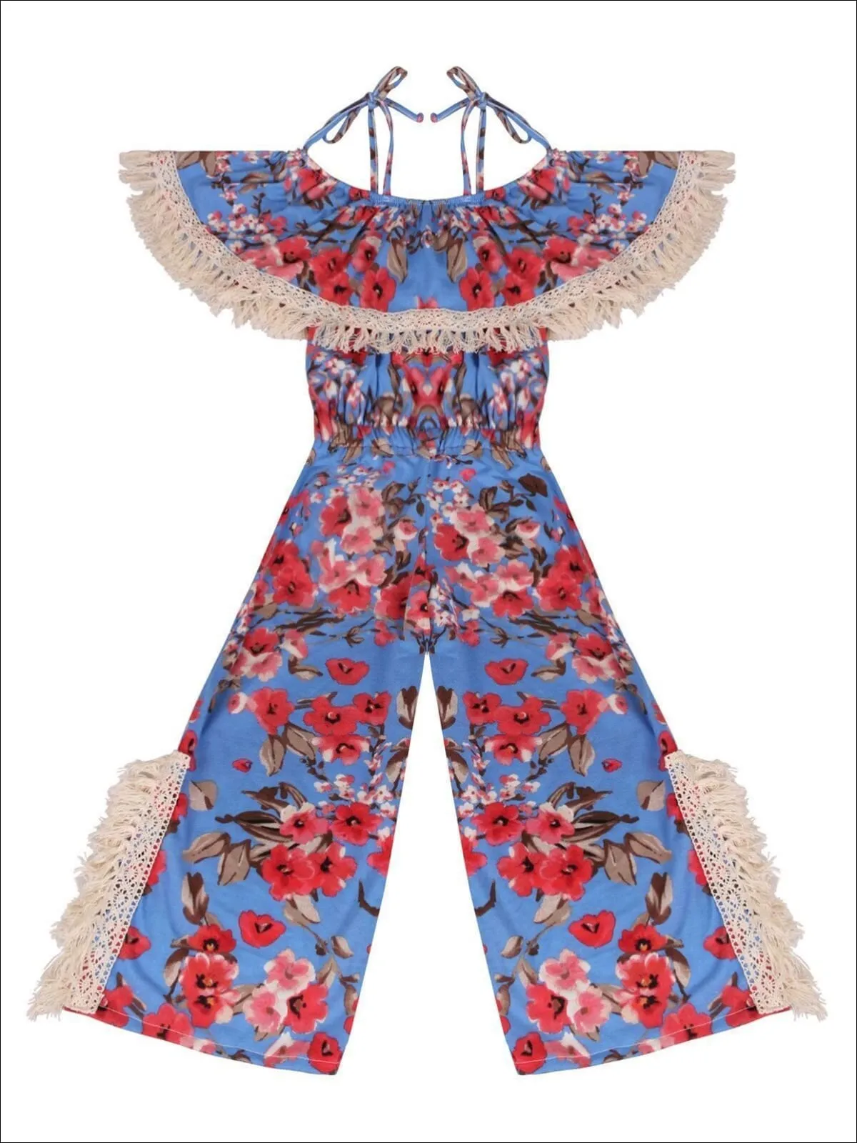 Girls Blue Floral Crochet Tassel Side Slit Ruffled Off the Shoulder Palazzo Jumpsuit