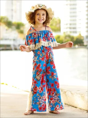 Girls Blue Floral Crochet Tassel Side Slit Ruffled Off the Shoulder Palazzo Jumpsuit