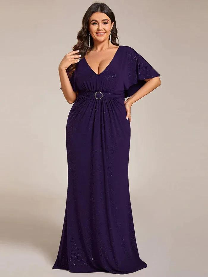 Glittery V-Neck Pleated Bat-Wing Sleeve Bodycon Waist-Cinching Evening Dress