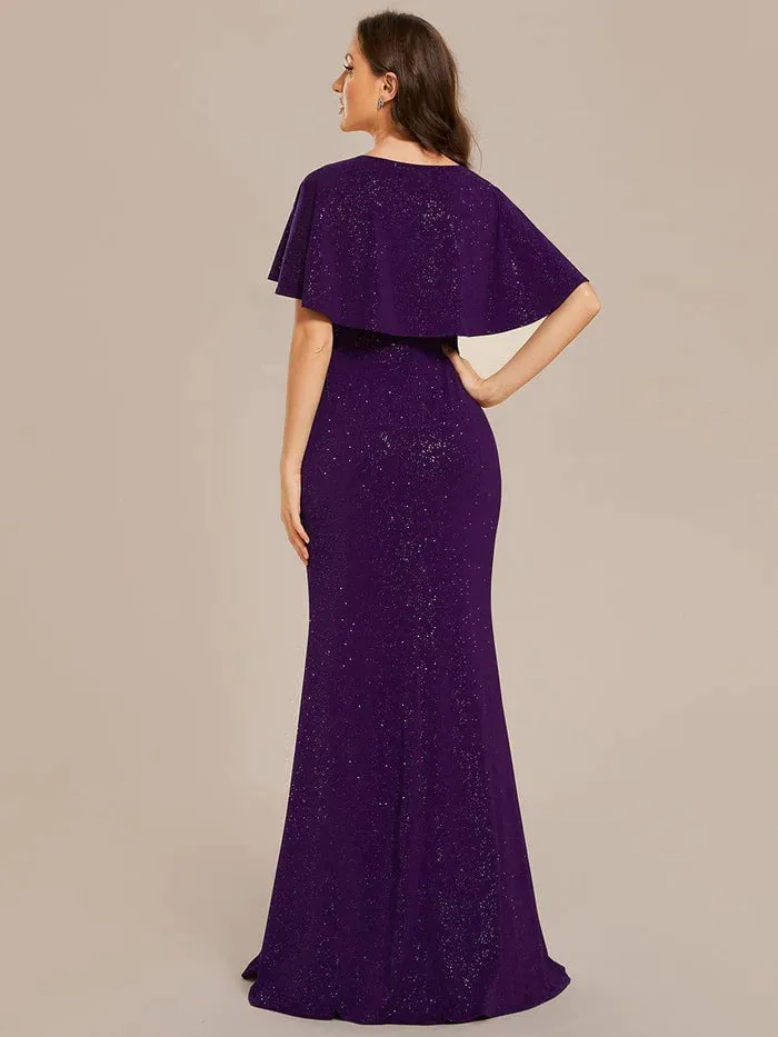 Glittery V-Neck Pleated Bat-Wing Sleeve Bodycon Waist-Cinching Evening Dress