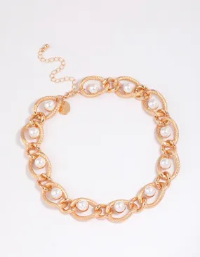 Gold Textured Pearl Short Chain Necklace