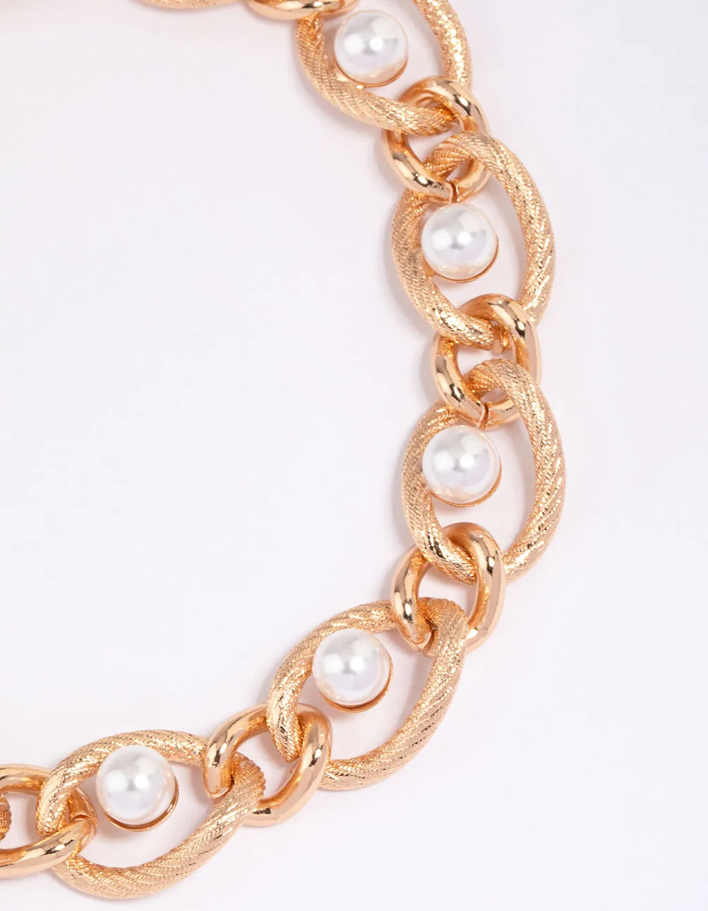 Gold Textured Pearl Short Chain Necklace