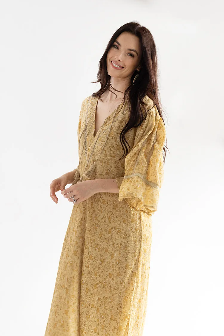 Golden Floral Midi Dress