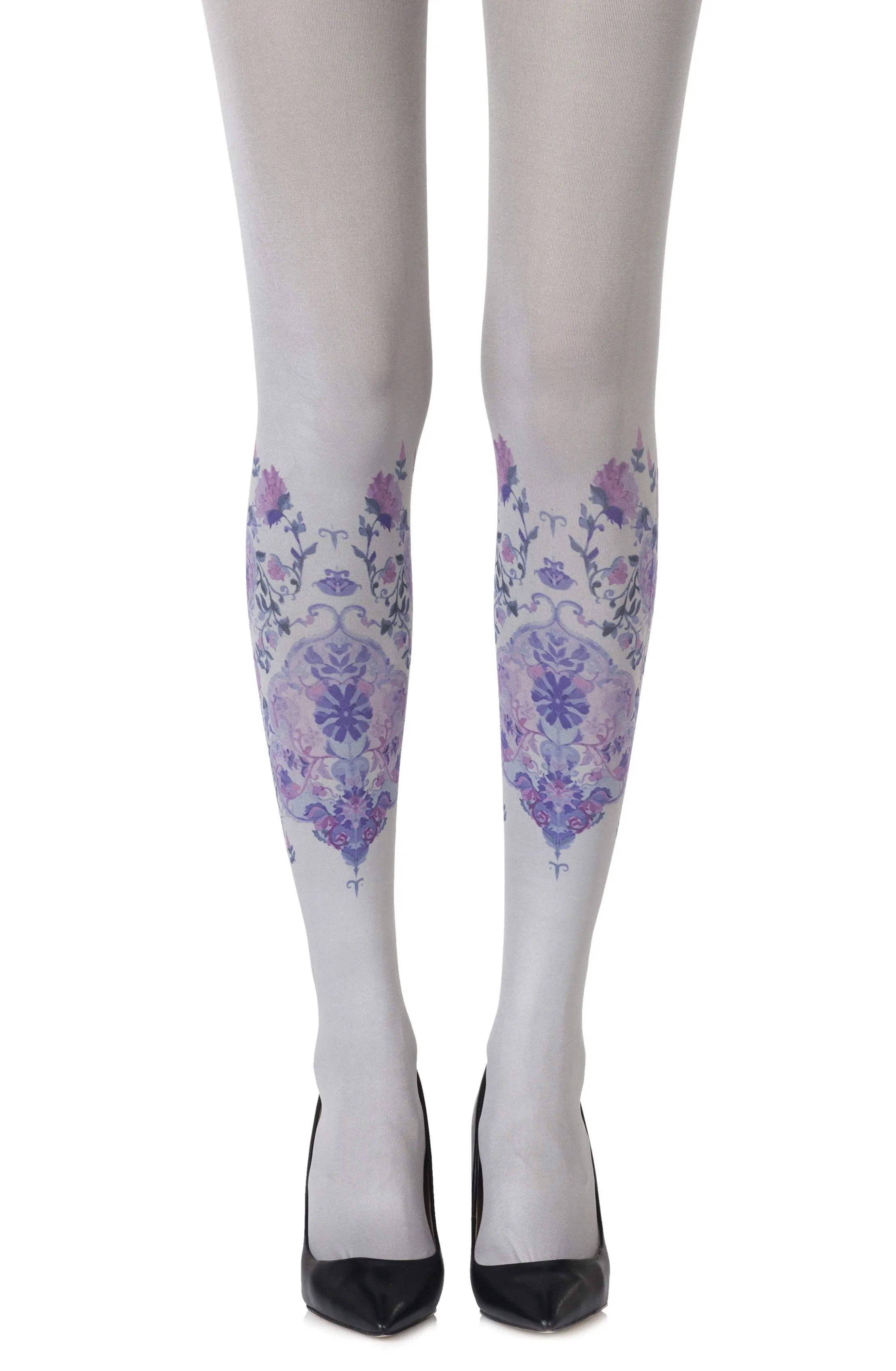 Gorgeous Multicolor Floral Prints 120 Denier Opaque Light Grey Tights