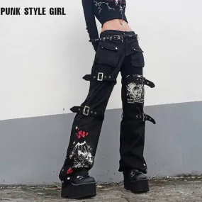 Gothic Emo Alt Cargo Pants Techwear Hippie Baggy Jeans Mom Goth Punk Black Denim Trousers