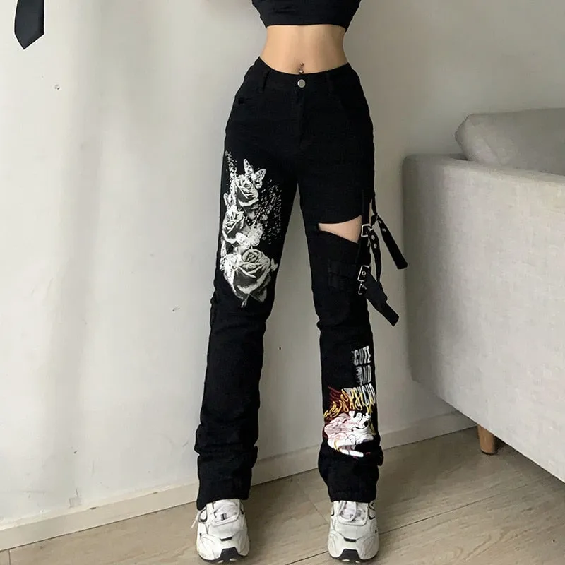 Gothic Emo Alt Cargo Pants Techwear Hippie Baggy Jeans Mom Goth Punk Black Denim Trousers