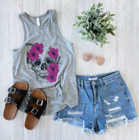 Gray Floral Skull • High Neck Tank