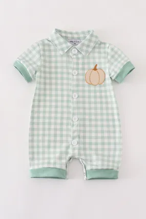 Green gingham pumpkin embroidery boy romper