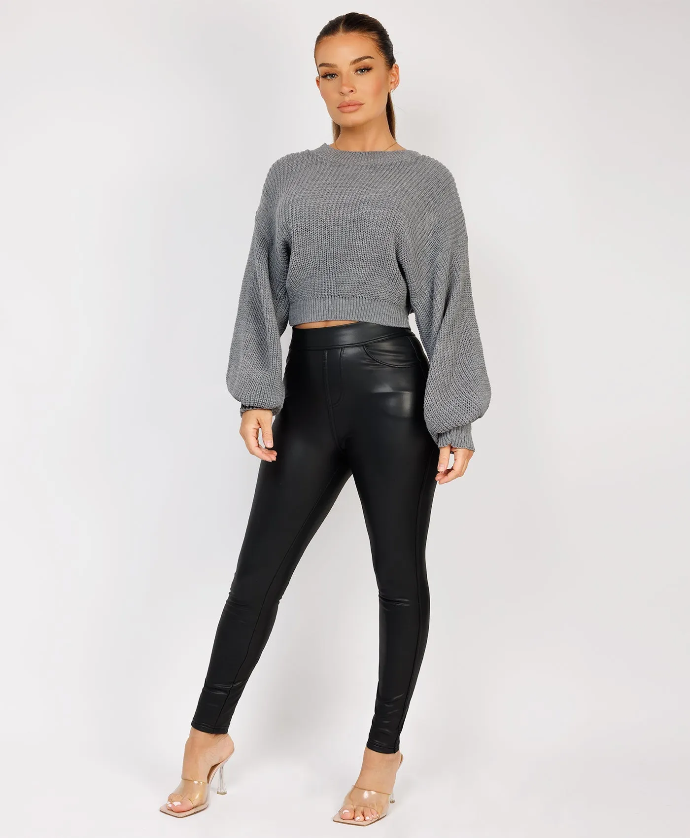 Grey Oversized Lined Knit Balloon Sleeve Jumper