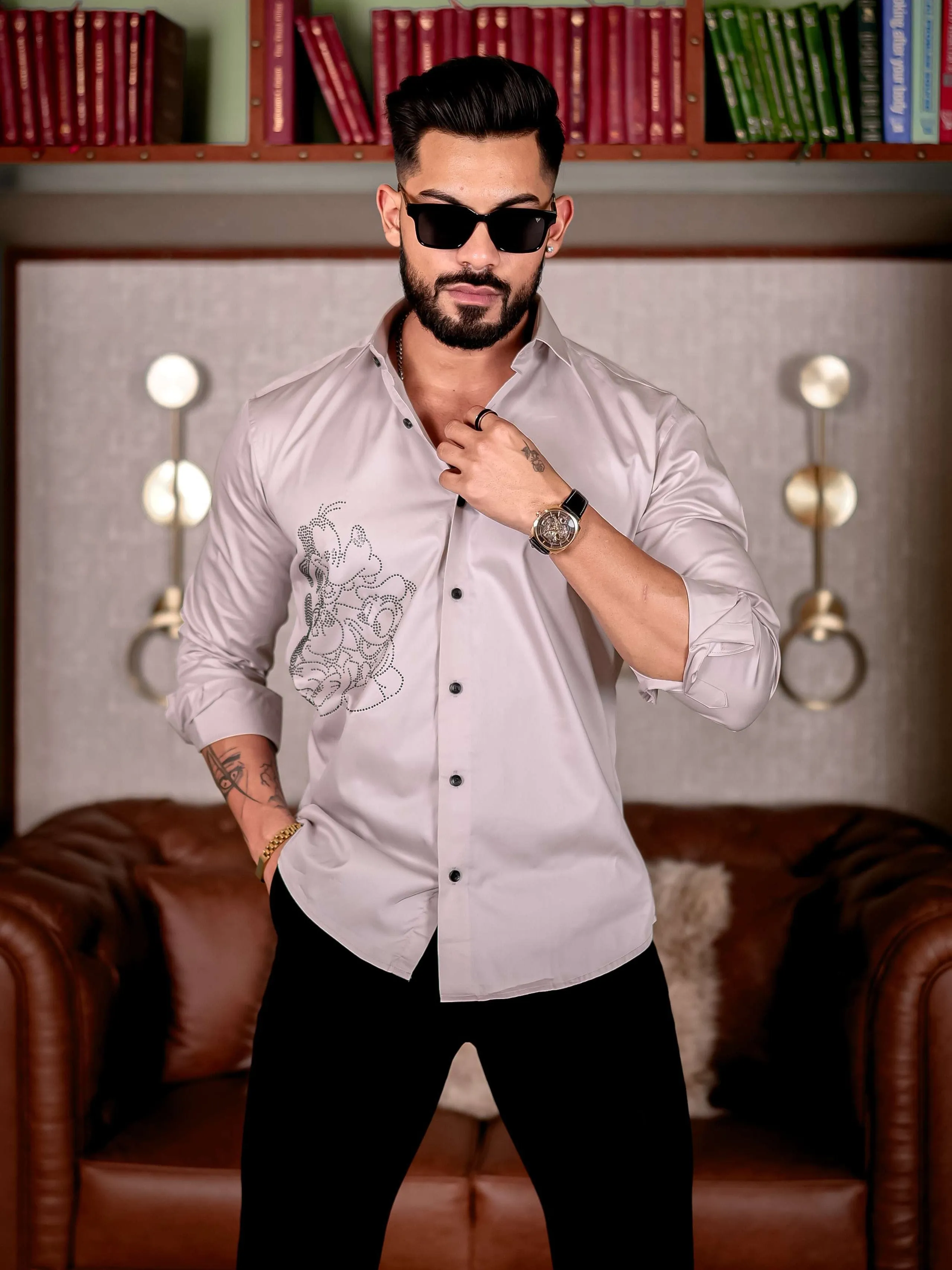 GREY STARRY BEADED SATIN COTTON PREMIUM PARTY SHIRT