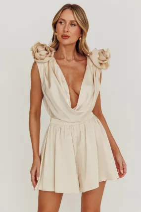 Hallie Cowl Neck Rosette Romper Champagne