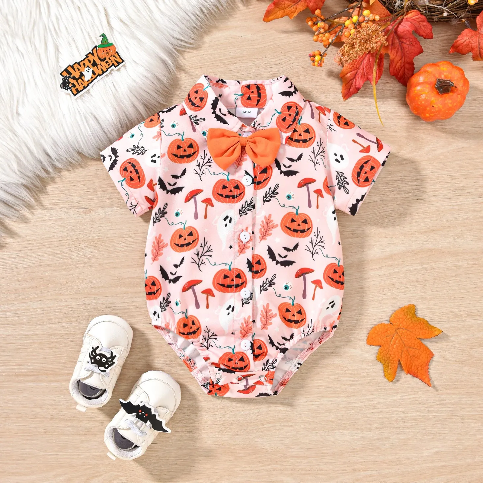 Halloween Toddler Infant Newborn Baby Boy Romper Pumpkin Ghost Print Jumpsuit Little Gentleman Costumes Clothing 3-18M