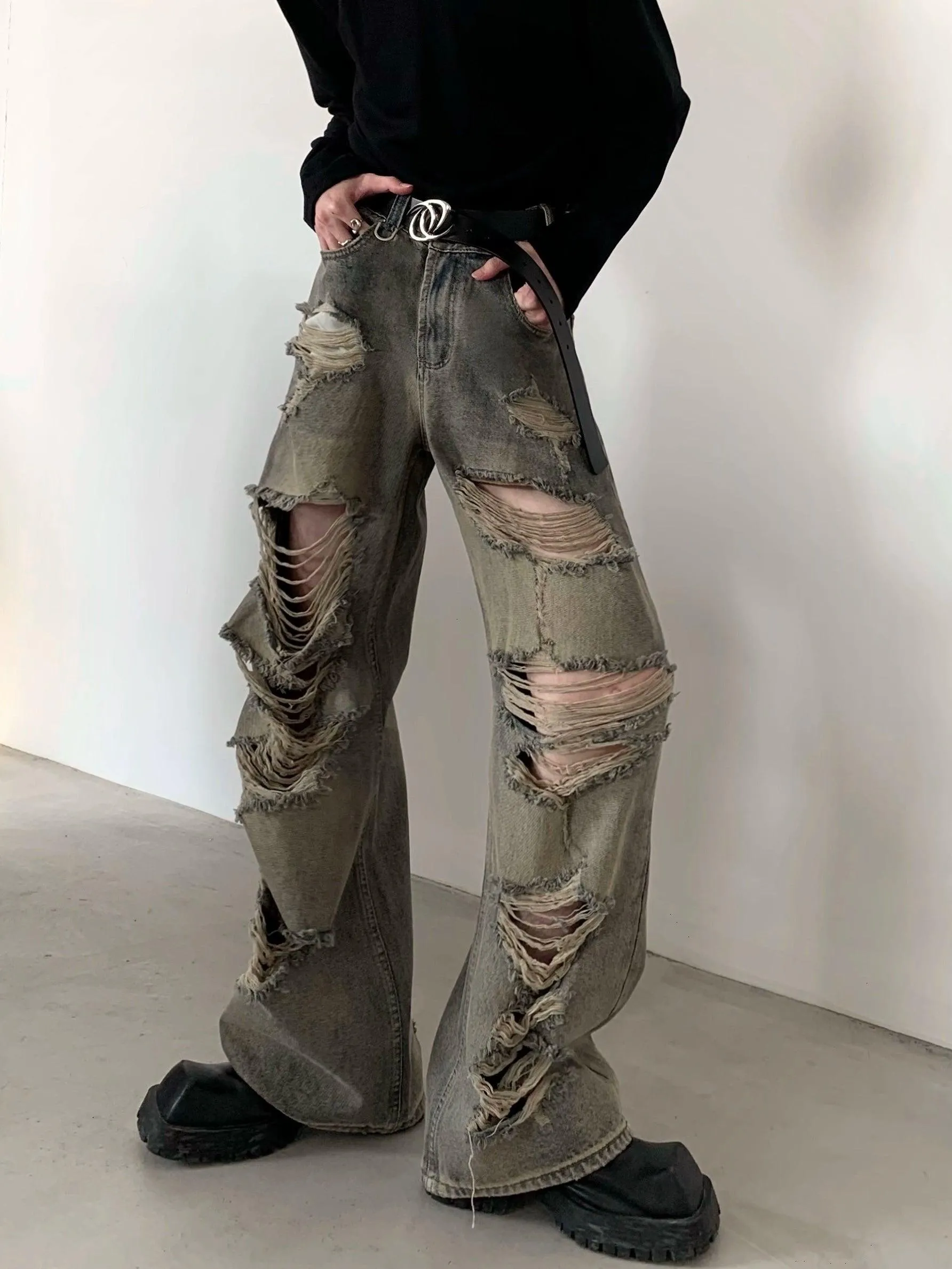 Heavily Distressed Wide-Leg Cargo Pants