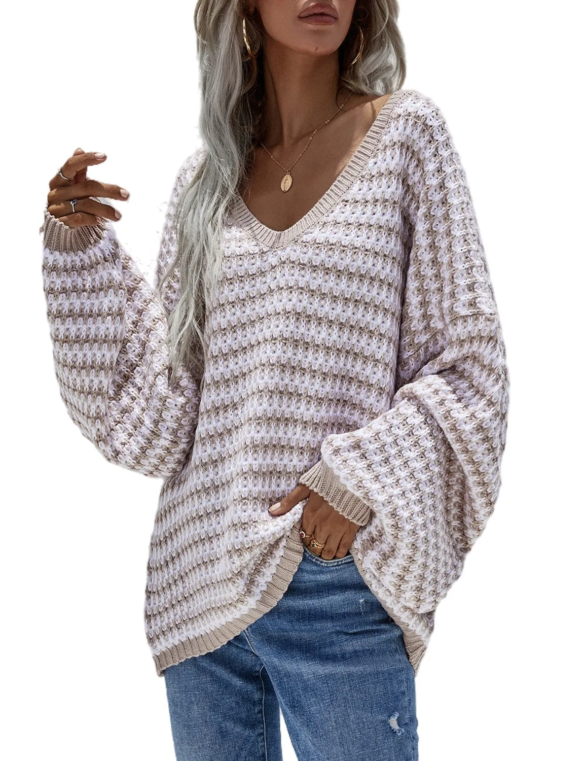 iB-iP Women's Dropped Shoulder Loose Casual Long Sleeve Pullover Sweater Cozy Top