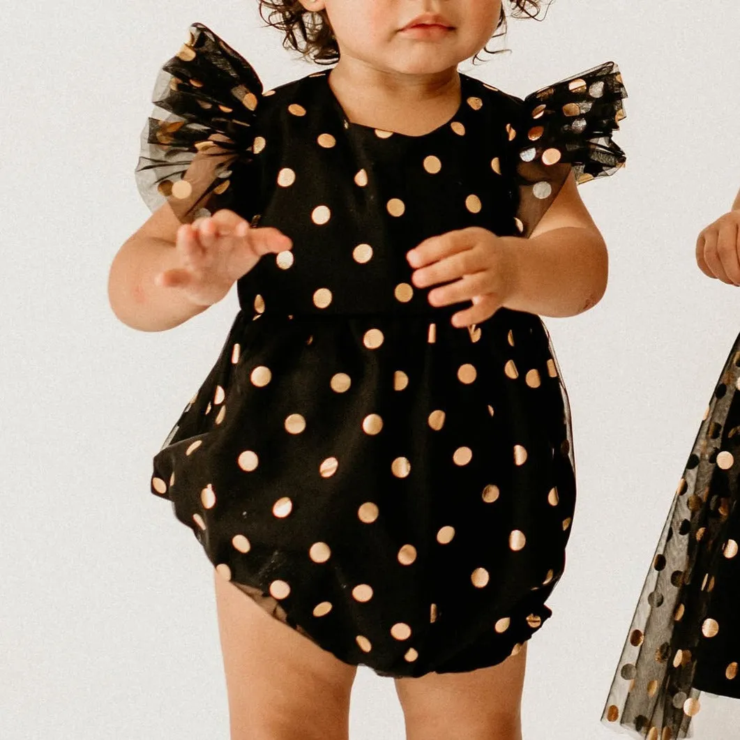 Infant Girl's Black and Gold Polka Dot Tulle Bubble Romper