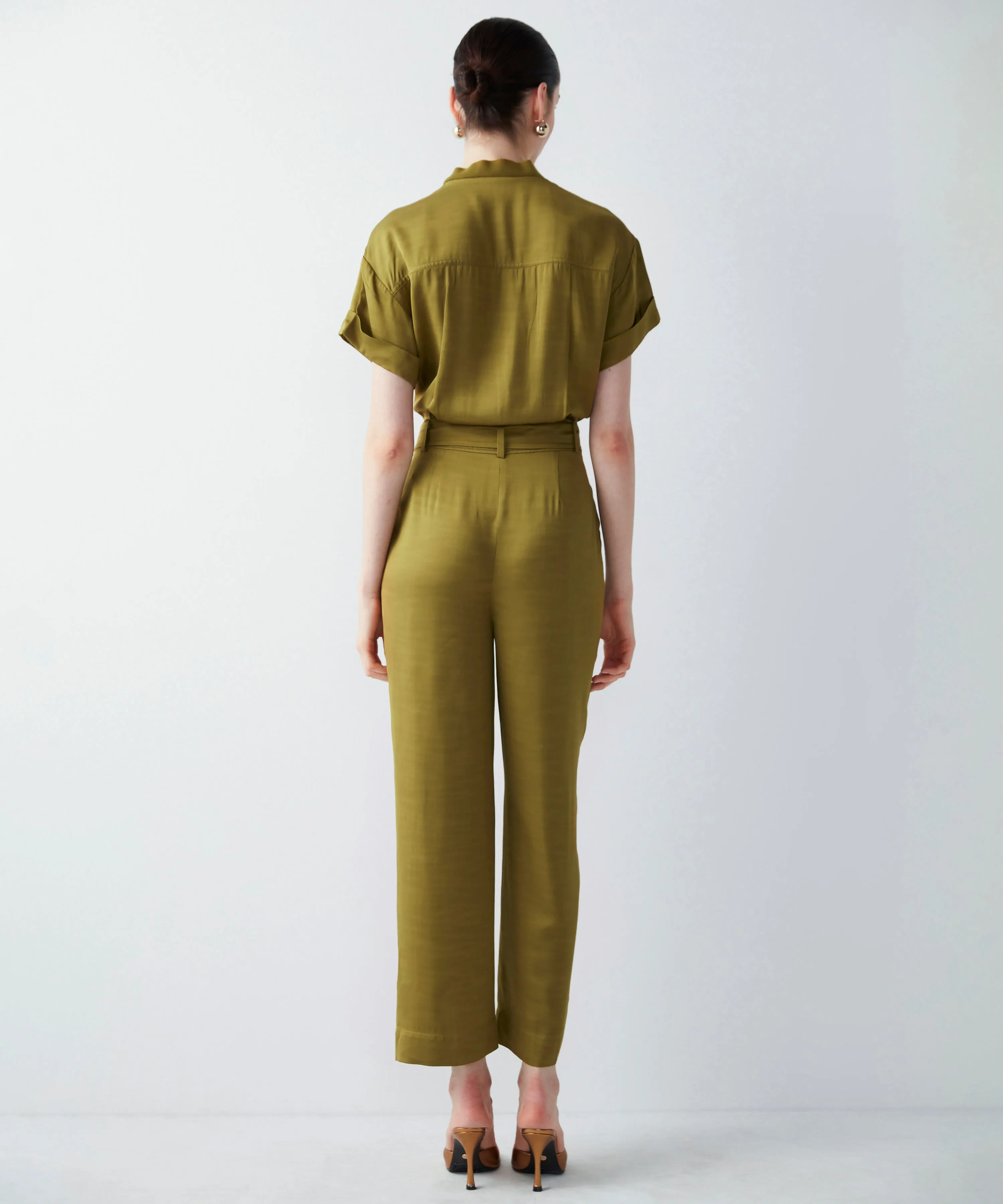 Ipekyol Solid Short Sleeve Belted Jumpsuit Olive