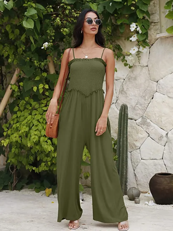 Island Beach Style Black Loose Fit Smocked Wide Leg Jumpsuit