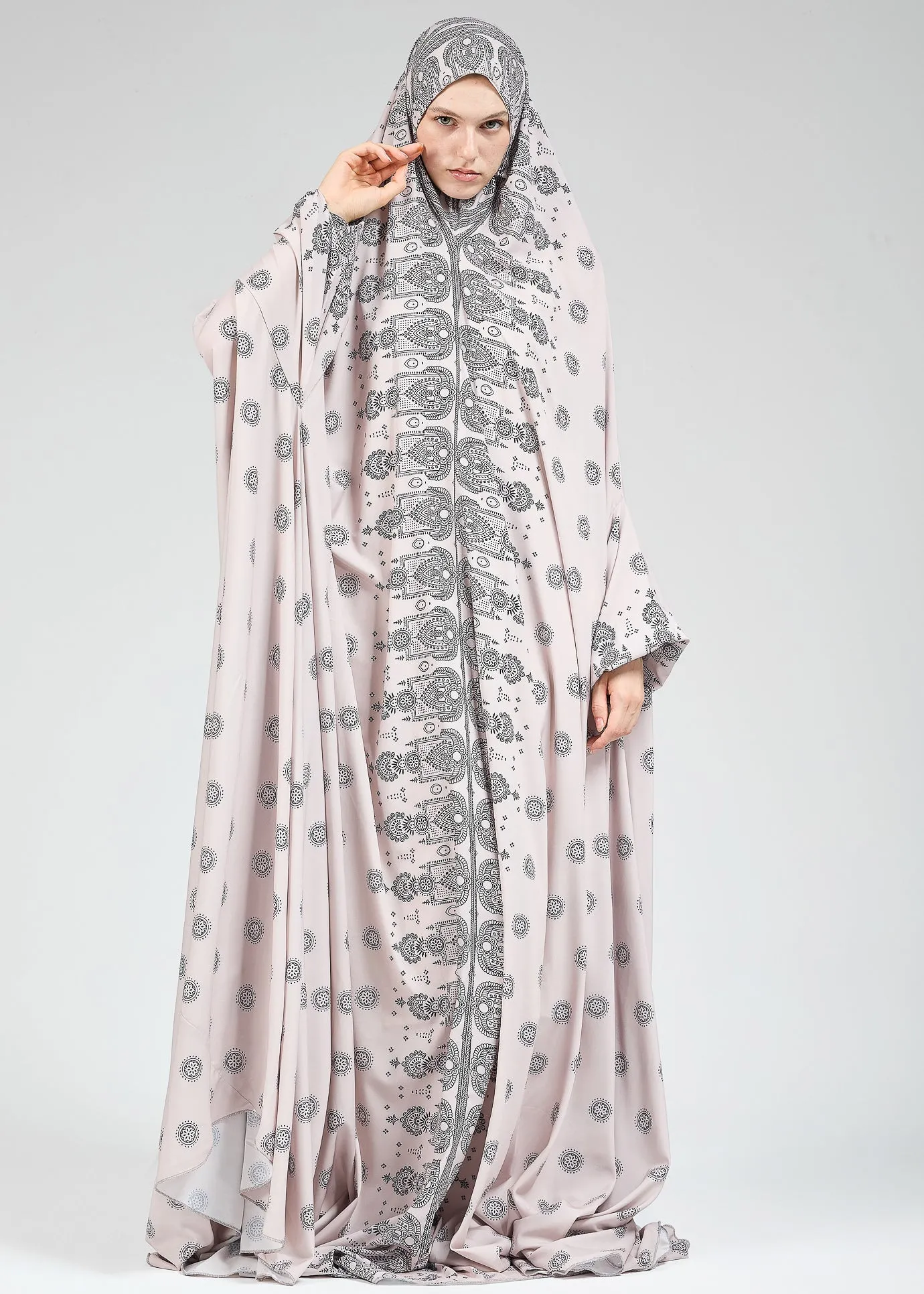 Jameela Satin Home Prayer Gown in Paisley Print with Extended Coverage