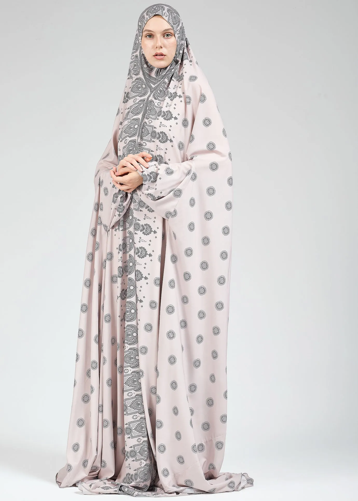 Jameela Satin Home Prayer Gown in Paisley Print with Extended Coverage