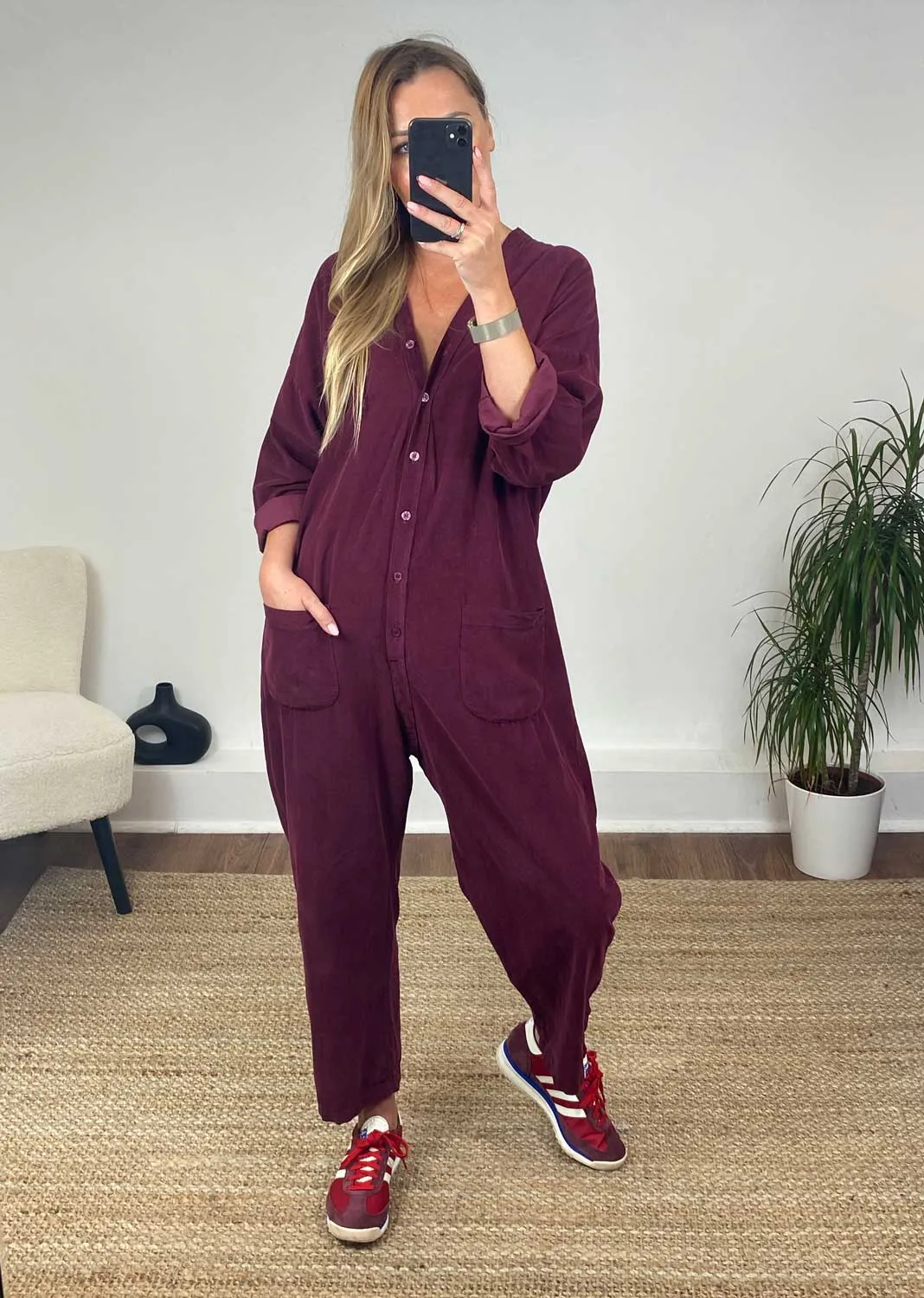 Joss Needlecord Jumpsuit in Burgundy