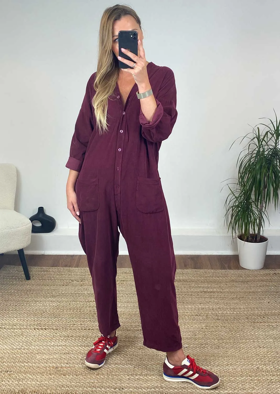 Joss Needlecord Jumpsuit in Burgundy