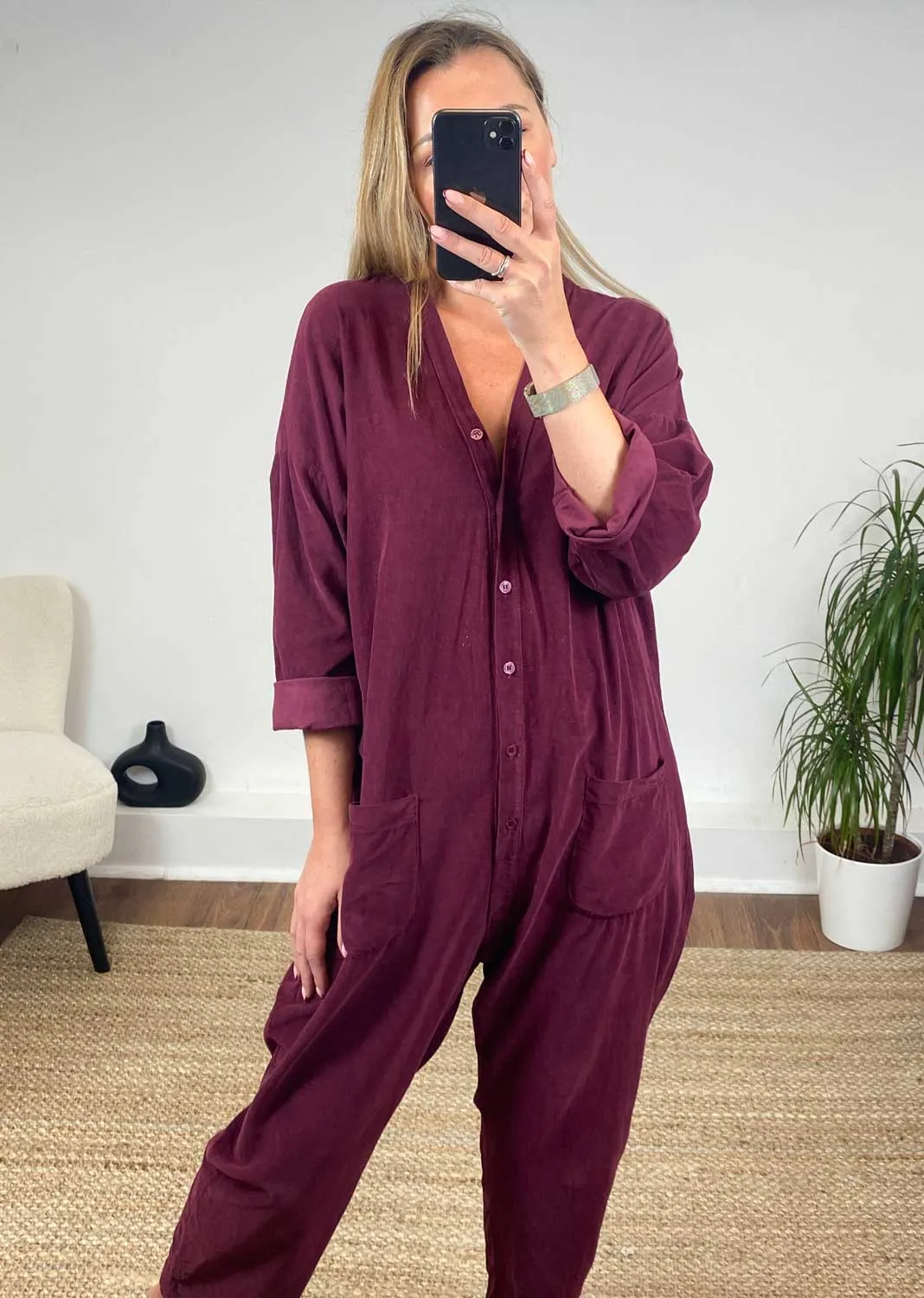 Joss Needlecord Jumpsuit in Burgundy