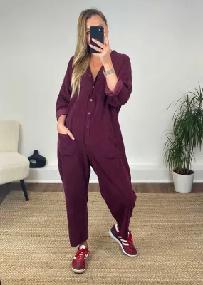 Joss Needlecord Jumpsuit in Burgundy