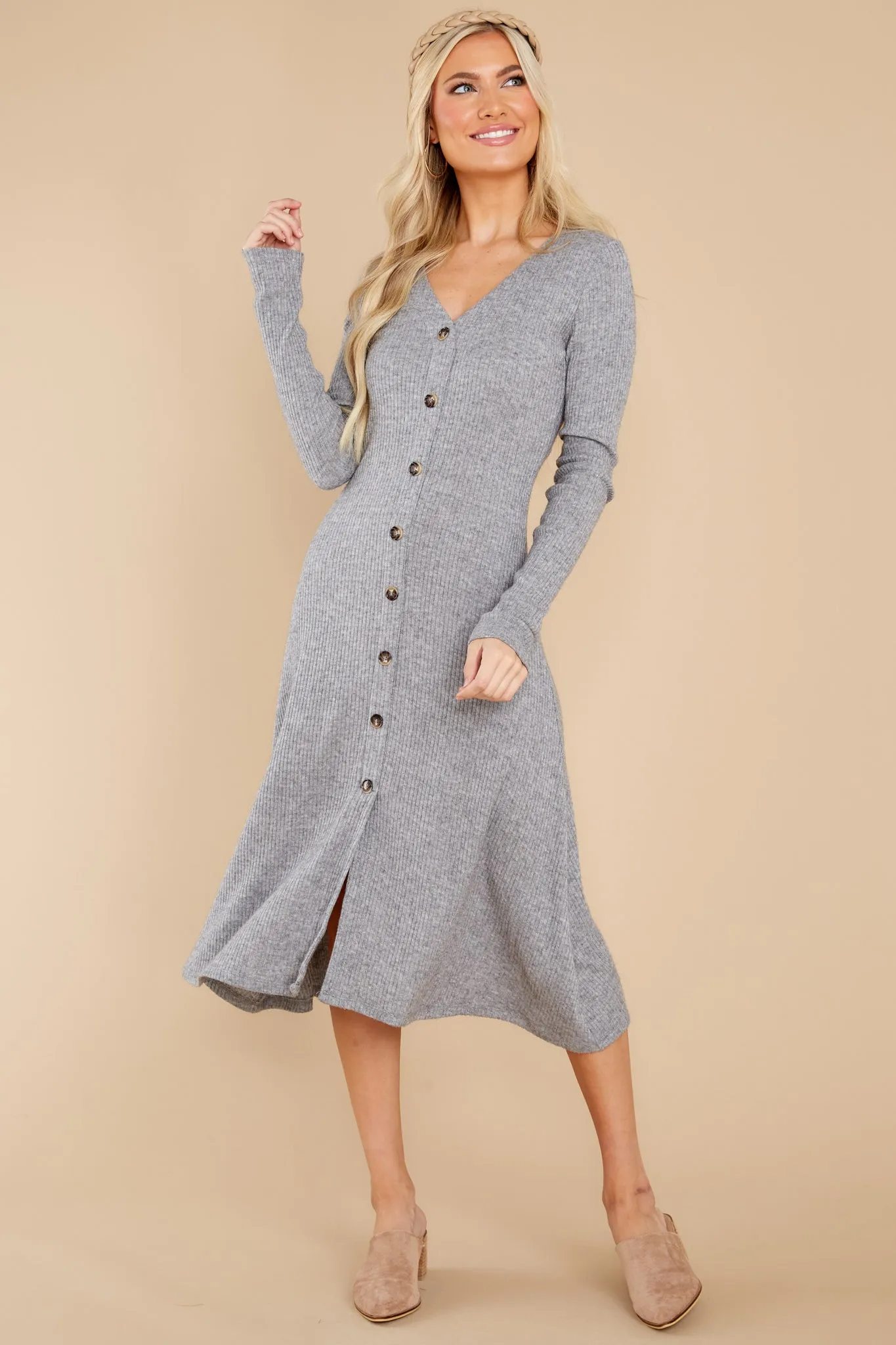 Keep It Uptown Heather Grey Knit Midi Dress