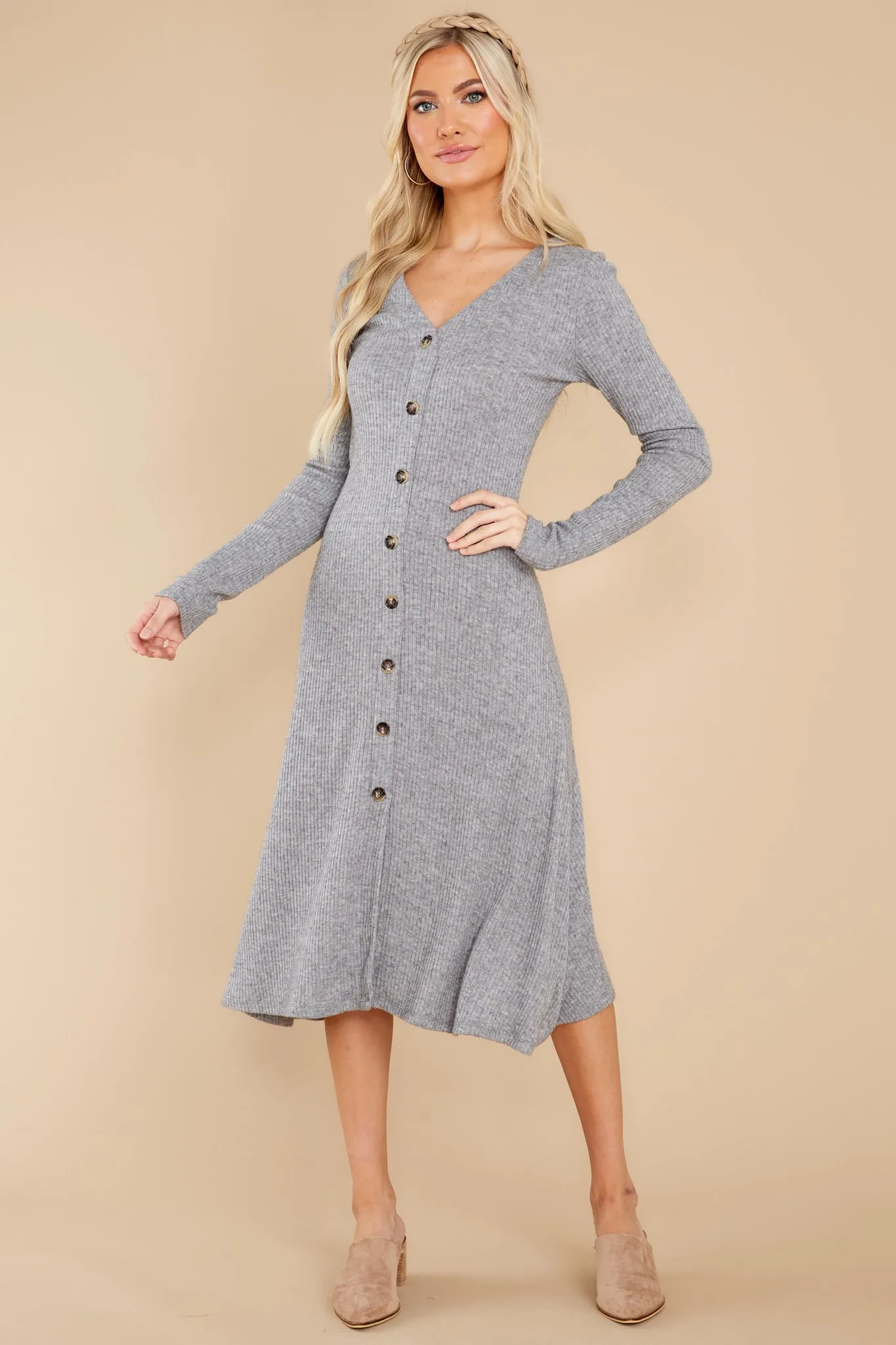 Keep It Uptown Heather Grey Knit Midi Dress