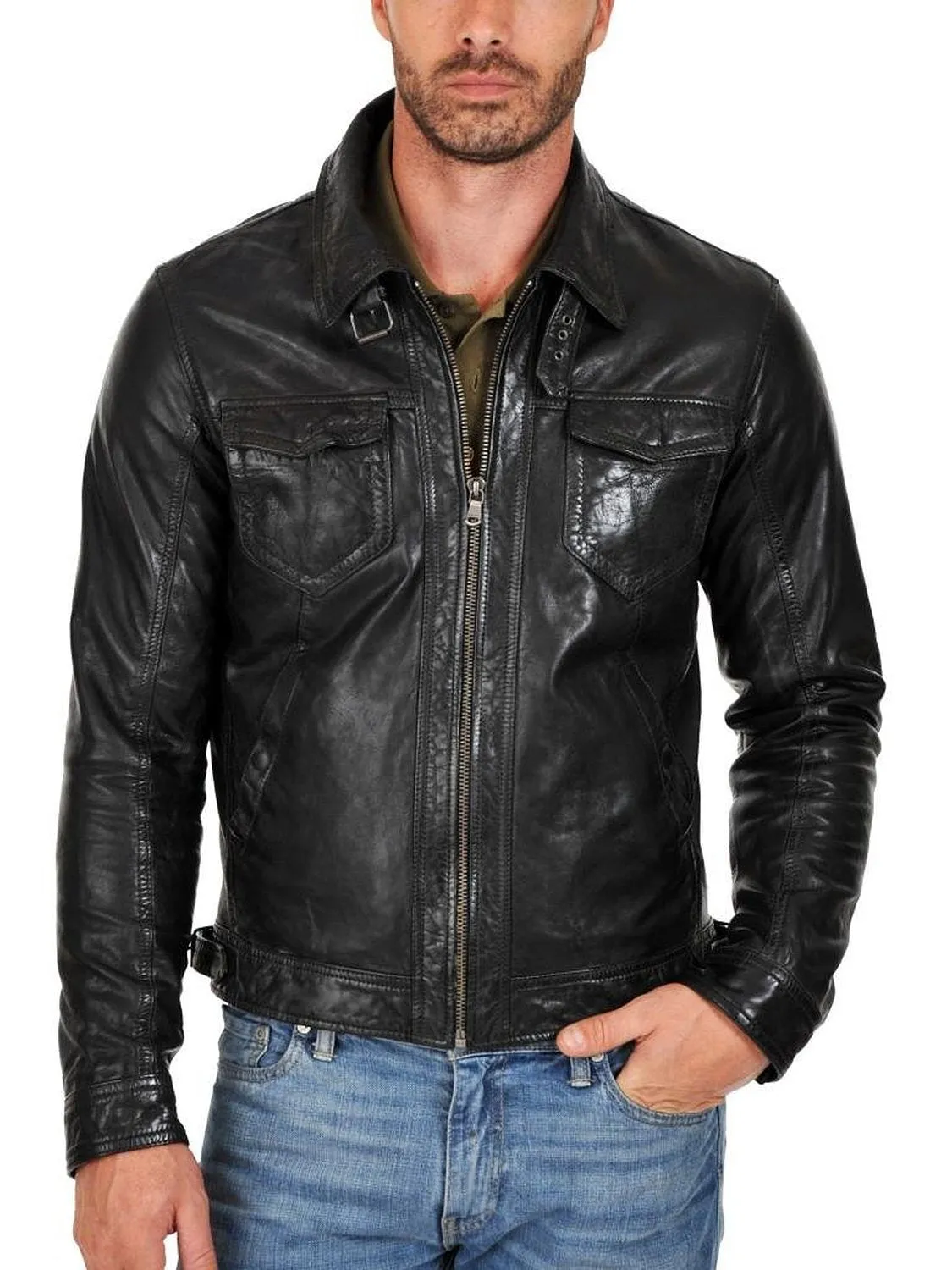 Leather Jackets Hub Mens Genuine Cowhide Leather Jacket (Black, Double Rider Jacket) - 1501006