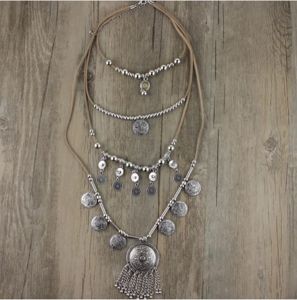 Leather Multi Layer Necklace Gypsy Coins Four Tier Boho Statement Piece Tan Brown Genuine Cowhide Silver Beads 4 Stacking Necklaces All In One Piece!