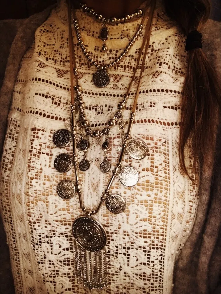 Leather Multi Layer Necklace Gypsy Coins Four Tier Boho Statement Piece Tan Brown Genuine Cowhide Silver Beads 4 Stacking Necklaces All In One Piece!