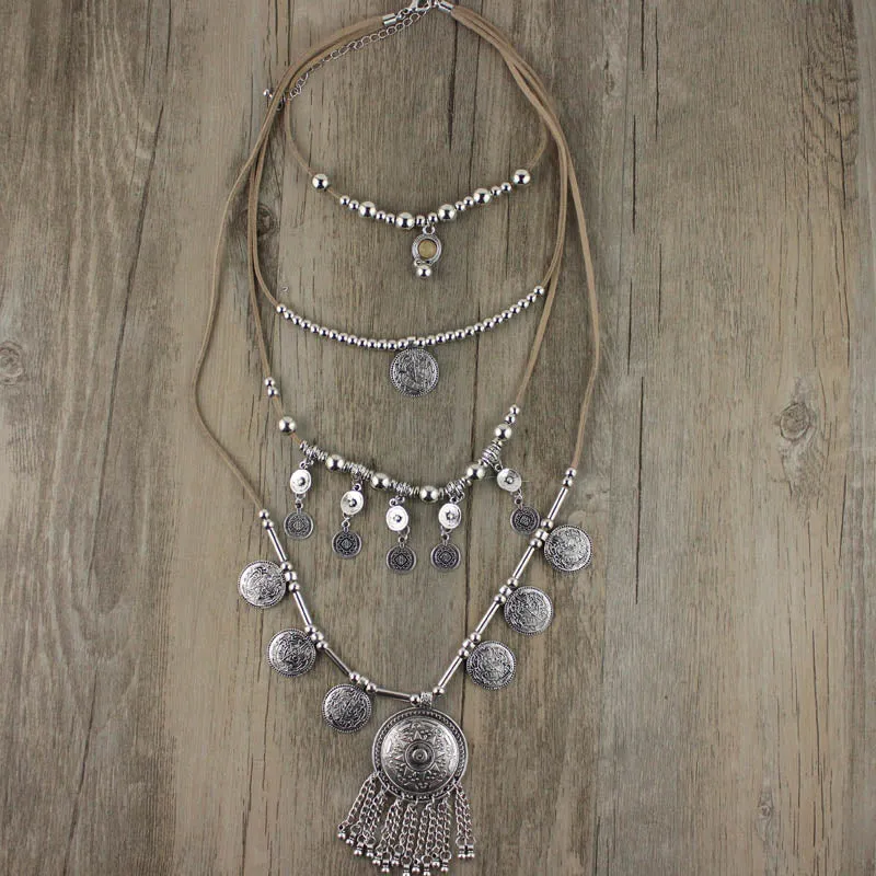 Leather Multi Layer Necklace Gypsy Coins Four Tier Boho Statement Piece Tan Brown Genuine Cowhide Silver Beads 4 Stacking Necklaces All In One Piece!