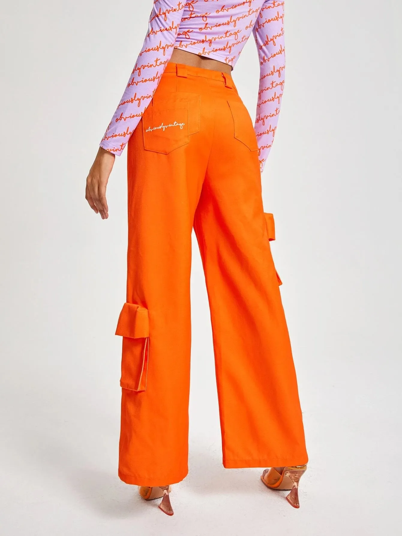 Letter Graphic Flap Pocket Side Wide Leg Pants